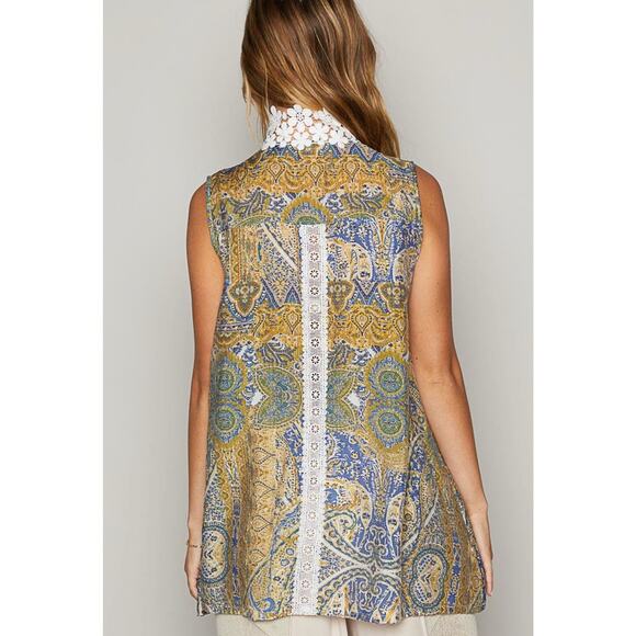 POL Lace Detail Frill Floral V-Neck Mock Neck Sleeveless Top Large Boho Flower - Picture 4 of 13